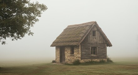 Small, weathered wooden house with thatched roof in a misty, grassy field