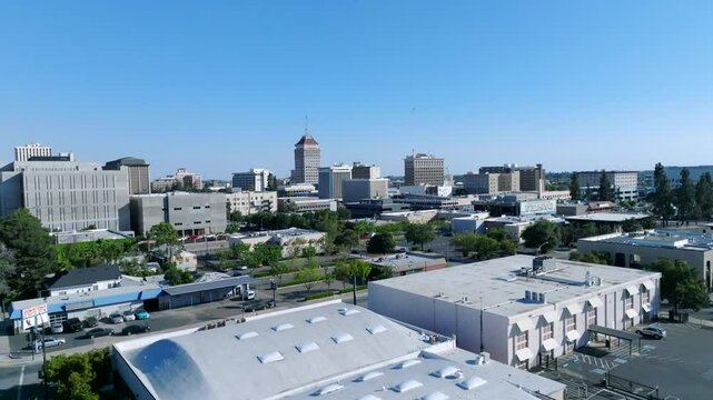 Aerial view of downtown Fresno, California, highlighting its network of streets and buildings