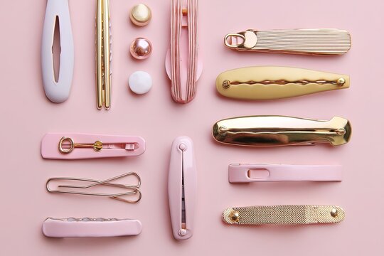 different hair clips on pale pink background