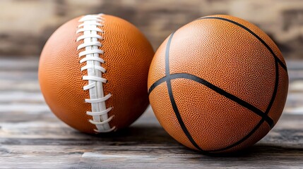 Obraz premium Two leather sports balls, an American football and a basketball, rest on a wooden surface