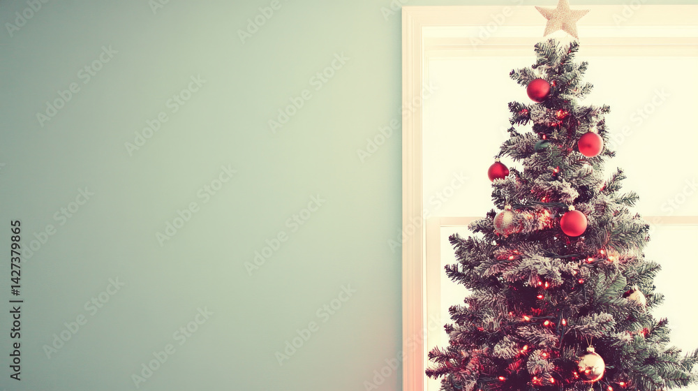 Poster a christmas tree with red ornaments sits in front of a window. the tree is lit up with lights, and t