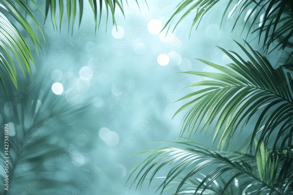 Leinwandbilder lush green palm leaves create a serene atmosphere in a tropical setting with soft bokeh lights in th
