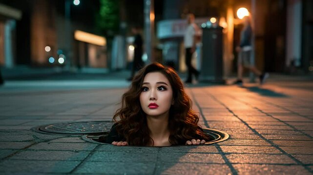 A woman in full glam makeup stuck halfway climbing out of a manhole, looking around as if it&rsquo;s completely normal.