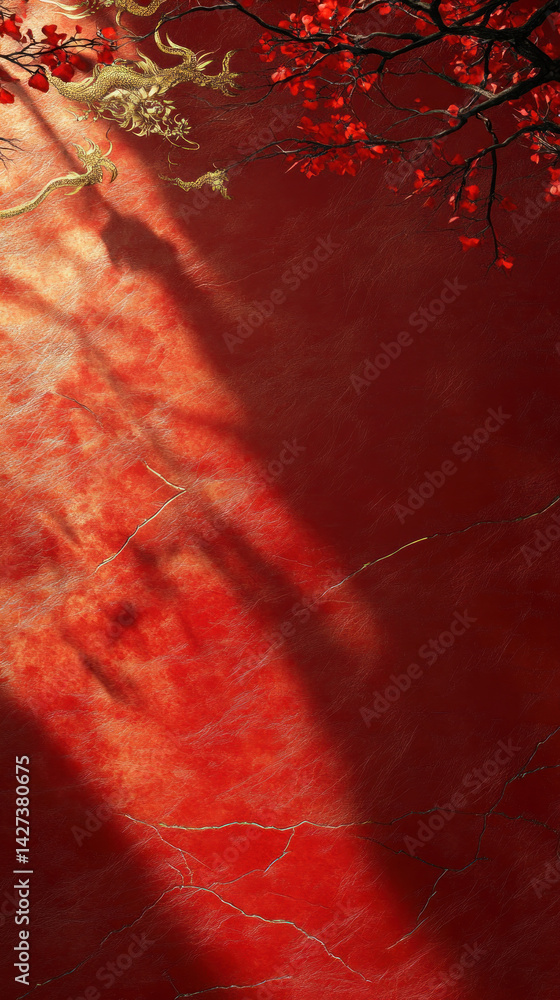 Poster a red background with a tree and leaves in the foreground. the tree is casting a shadow on the red w