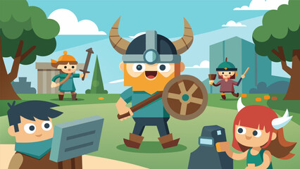 Fototapeta premium A virtual reality simulation allows the children to experience life as a Viking and participate in raids and battles.. Vector illustration