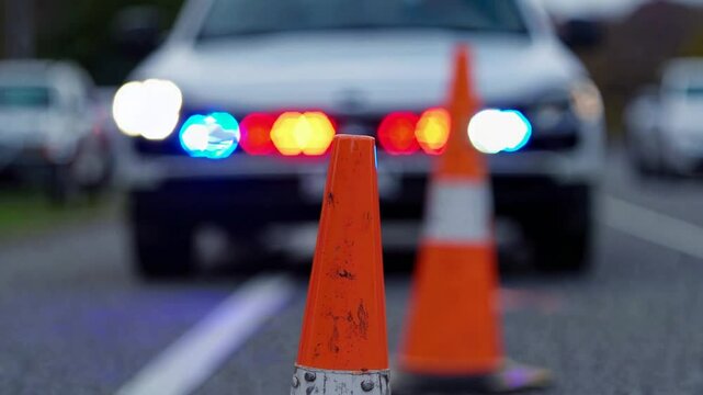 Close-up photo of construction cones on the road against the background of a traffic accident
