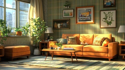 Sunlit Mid-Century Modern Living Room Interior Design