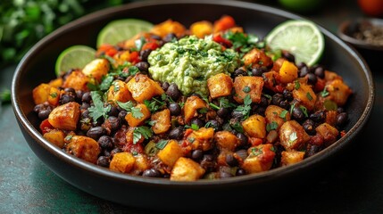 Delicious Spicy Potatoes and Black Beans with Guacamole
