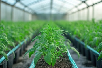 Flowering cannabis plant growing in a greenhouse with rows of vegetation bathed in soft sunset light