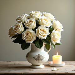 Obraz premium Elegant arrangement of white roses in a vase with a lit candle on a wooden table during a serene evening