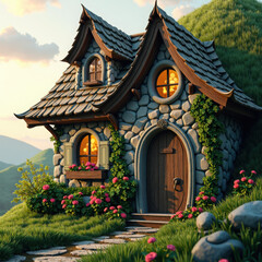 Fototapeta premium Whimsical stone cottage nestled in a lush hillside with blooming flowers and warm evening light