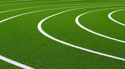 Obraz premium Green artificial turf with curved white running track lines