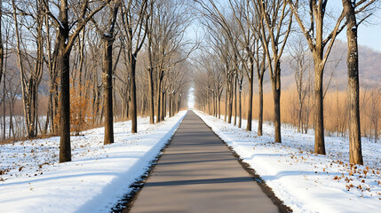 Snowy Winter Road Lined With Trees