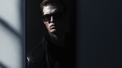 Dark mode flyer for a male fashion photographer, featuring bold contrast lighting, edgy layout