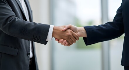 A close up of two people in business attire shaking hands in a bright and professional setting