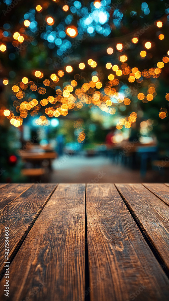 Poster a wooden table with a view of a restaurant with lights hanging from the ceiling. the lights are twin