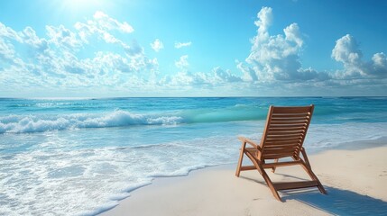 Serene beachside scene featuring a wooden deck chair facing the turquoise ocean