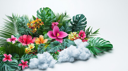 A vibrant arrangement of tropical flowers and lush green foliage, with pink orchids and hibiscus blooms resting among fluffy white clouds on a bright backdrop.