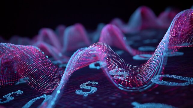 Futuristic 3D currency streams visualizing revenue models passive income channels multiple monetization paths Glowing digital waves with financial abstract symbolism