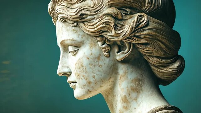 Sculpted stone bust featuring an idealized woman with intricately styled wavy hair and serene, closed eyes on a teal background.