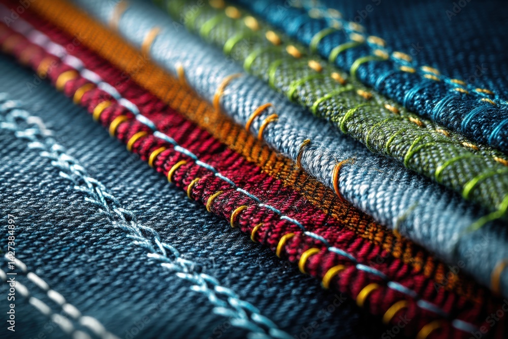 Poster detailed texture of denim fabric showcasing colorful stitching patterns in a close-up view with intr