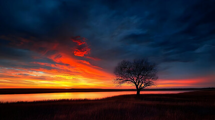 Fototapeta premium Fiery Sunset Over A River With Silhouette Tree