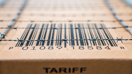 Reciprocal Tariffs Close-up of a cardboard box with a barcode and the word "TARIFF" visible, emphasizing shipping and packaging.
