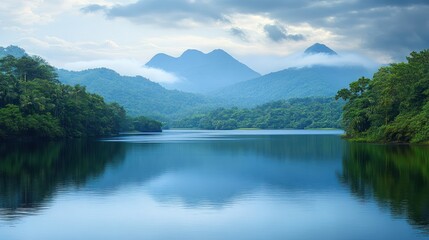 Serene lake surrounded by lush greenery, a tranquil natural landscape