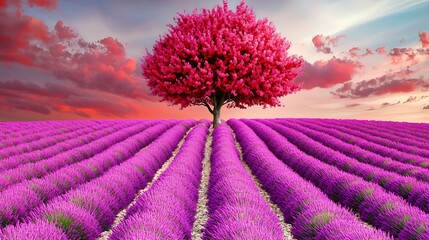 Obraz premium Vibrant pink tree amidst rows of lavender under a dramatic sunset sky