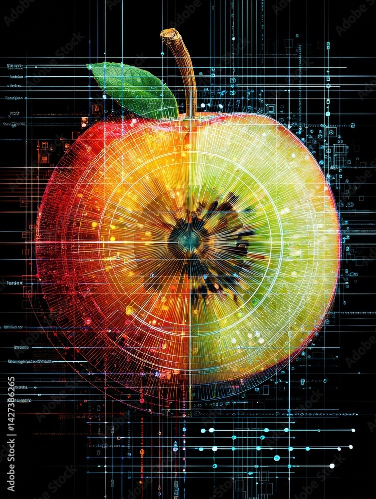 Poster digital apple slice showcasing smart nutrition with vitamin points and a vibrant grid overlay that h