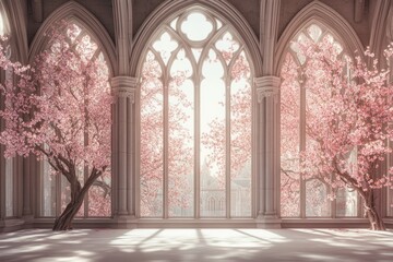 Elegant room with blooming trees viewed through arched windows