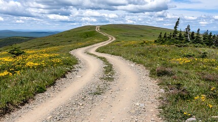 Fototapeta premium Winding dirt road ascends a grassy hill, wildflowers blooming on either side, under a partly cloudy sky