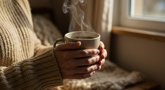 Morning Brew: A moment of quiet contemplation with a steaming mug of coffee, the aromatic steam rising gently in the soft morning light, conveying a sense of peace and coziness.