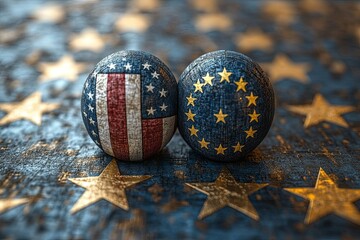 Two spheres painted with flags sit on a star patterned surface