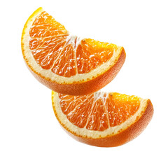 Two juicy orange slices floating on black background refreshing citrus fruit