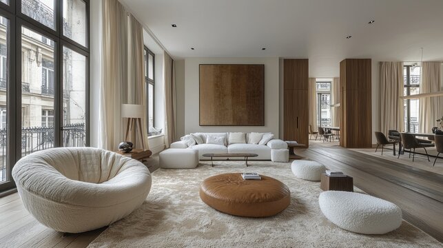Luxurious Parisian Apartment Living Room Design: Modern Minimalist Interior with Neutral Tones and City Views
