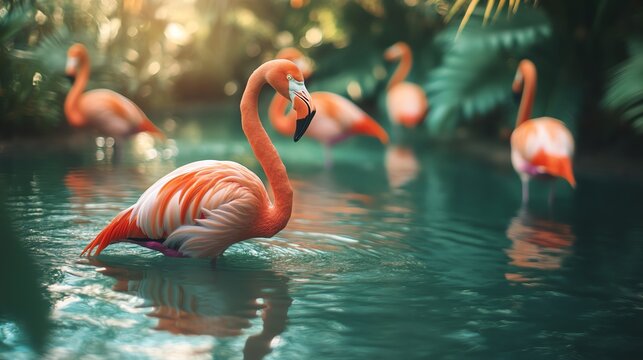 A group of graceful flamingos standing in a tranquil pond surrounded by lush greenery in a wildlife sanctuary creating a serene tropical scene