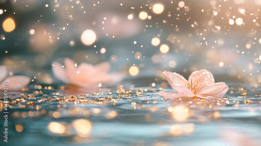 Poster delicate pink flowers floating on serene water surface with sparkling reflections during golden hour