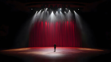 Empty Stage With Red Curtains And Spotlights