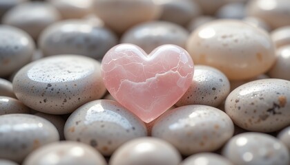 Obraz premium Rose Quartz Heart Among Smooth Decorative Stones a Symbol of Love and Wellness