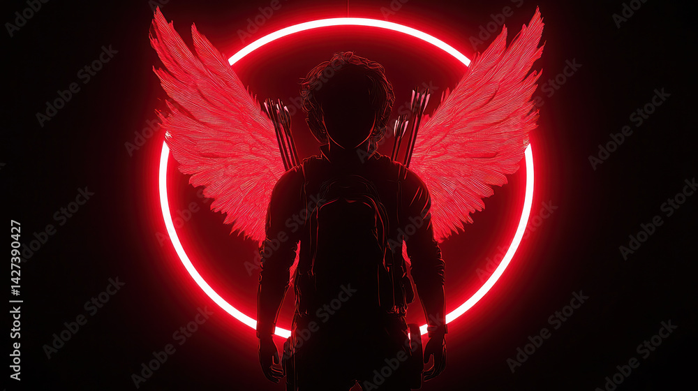 Poster a man with red wings is standing in front of a red circle. the image has a dark and mysterious mood,