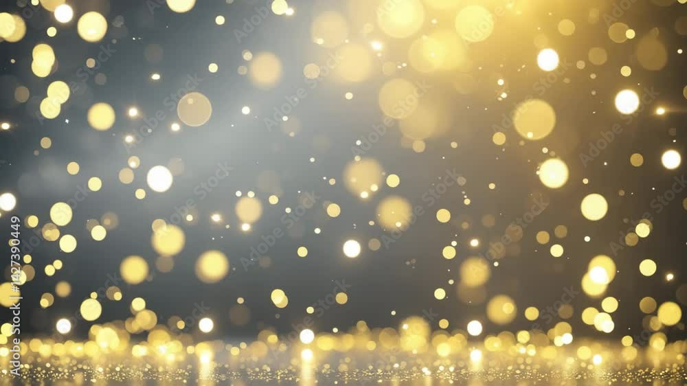 Poster golden bokeh lights floating and shimmering on a dark gray background
