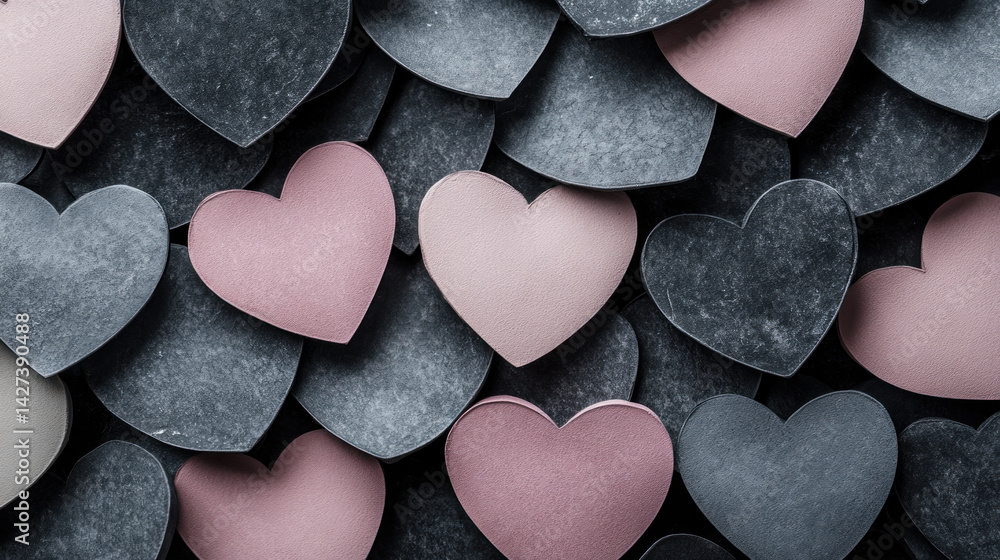 Poster a collection of hearts in various shades of pink and black. the hearts are arranged in a way that th