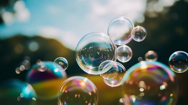A bubble floats gently through the air, reflecting sunlight in shimmering colors before it pops.
