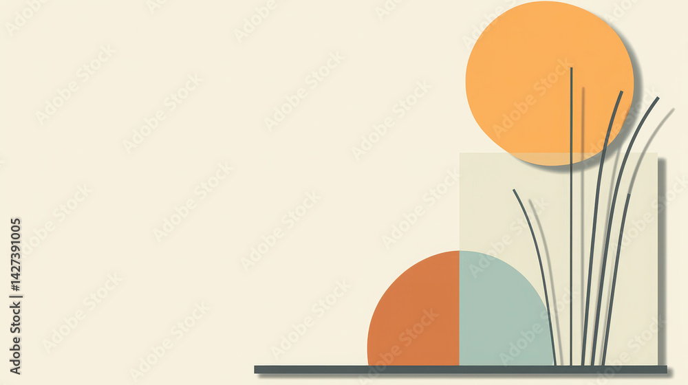 Poster abstract composition with geometric shapes and minimalist elements in soft color palette
