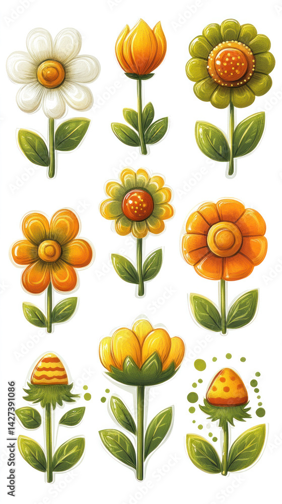Poster a set of six flower illustrations, each with a different color and style. the flowers are drawn in a