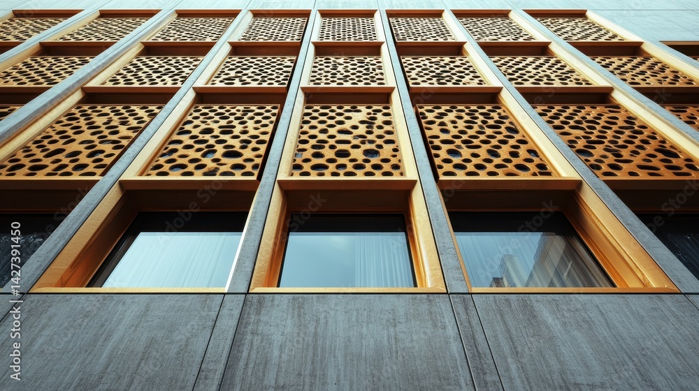 Aufkleber Architectural close-up of modern building design featuring textured materials and geometric shapes in an urban setting during daylight