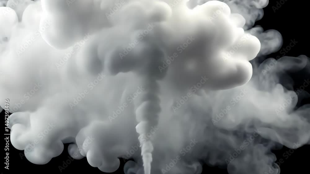Poster thick vaporous cloud swirling upwards against a stark black background, creating a moody and atmosph