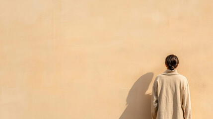 Naklejka premium Person Leaning Against a Beige Wall in Natural Light with Minimalistic Aesthetic Appeal