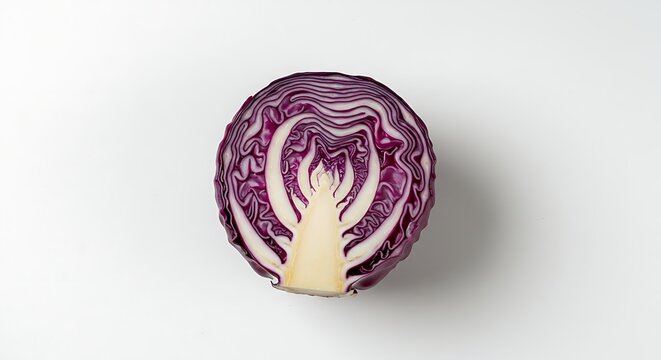 A halved red cabbage, showing intricate details, set against a plain white background for a clean look. - Powered by Adobe